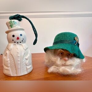 pair of Irish Christmas ornaments-Belleek Snowman Bell and Celtic Irish Santa